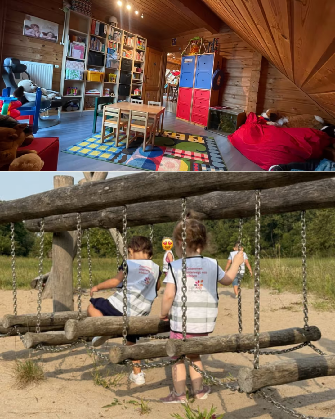 Gemütlicher Raum mit Tisch, Büchern und Spielmaterial
